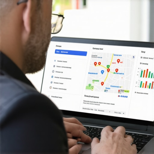 Business owner checking Google Maps ranking analytics on a laptop.