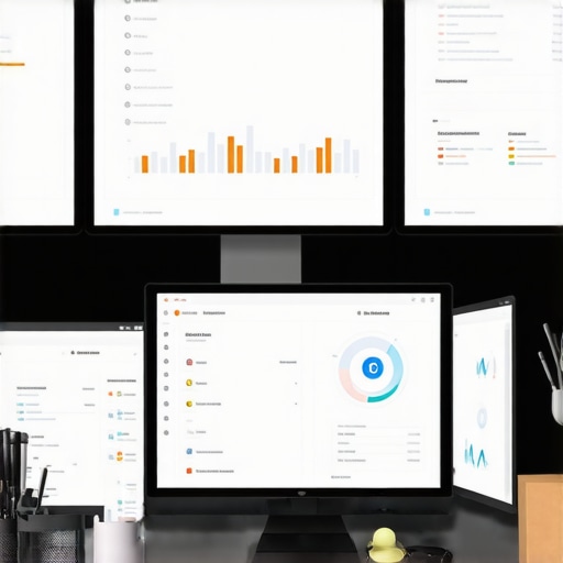 A modern workspace with multiple monitors showing local SEO analytics and review management dashboards.