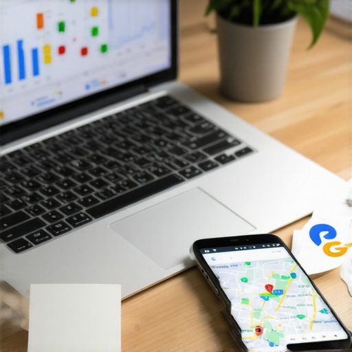 Desk setup with SEO software and Google Maps analytics on screen.