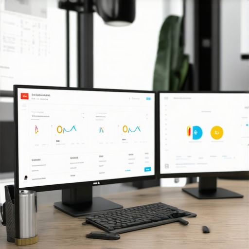 A workspace with multiple monitors displaying local SEO analytics and rankings