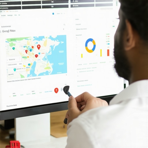 Business owner reviewing mapping analytics on computer screen