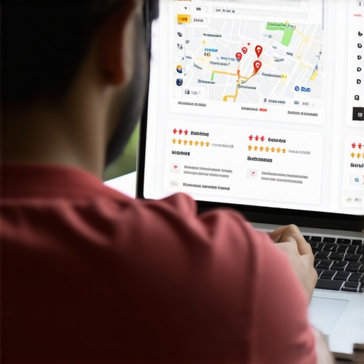 Business owner reviewing Google Map analytics on a laptop with charts and reviews.