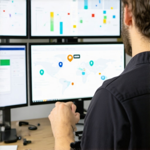 A person working with multiple monitors displaying map and SEO analytics for local business rankings