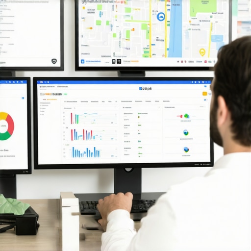 Person analyzing maps and SEO data on computer screens, illustrating maintenance tools in map SEO.