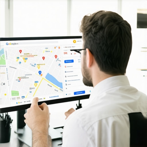 Google Maps Optimization Process Business owner optimizing Google Maps listing with SEO tools.