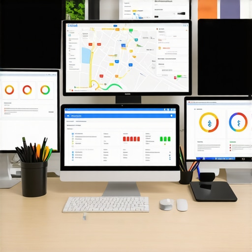 Multiple monitors displaying local SEO analytics and Google Maps data at a modern office desk