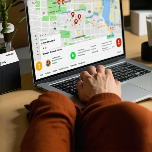 Monitoring Google Maps Rankings with SEO Tools A professional analyzing local SEO metrics and map rankings on a laptop.