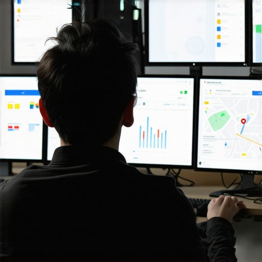 A digital professional reviewing Google Maps ranking data and analytics on multiple monitors