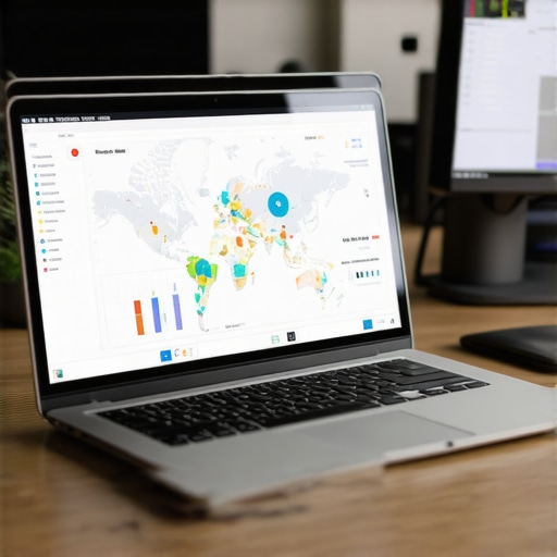 A workspace with a laptop displaying local SEO tools, maps, and ranking charts, representing ongoing map ranking maintenance