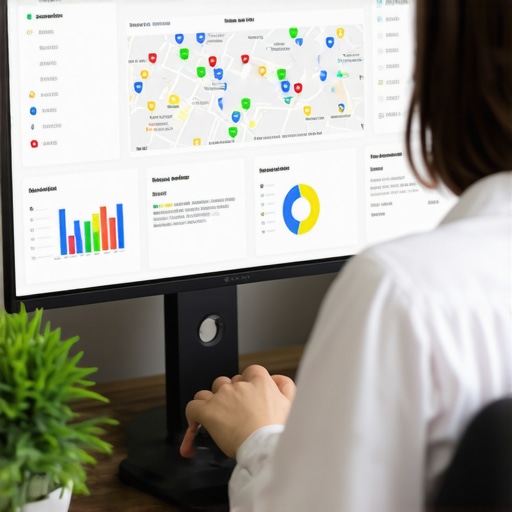 Person analyzing local SEO data on computer with maps and charts.