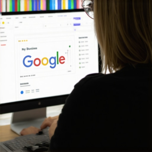 Business owner analyzing Google My Business profile on computer during ranking recovery process