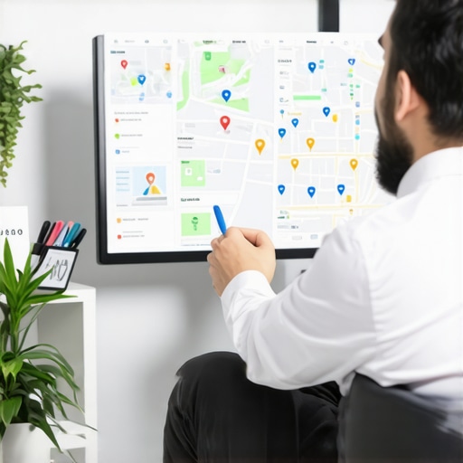 Business owner updating Google Maps listing with tools in bright office