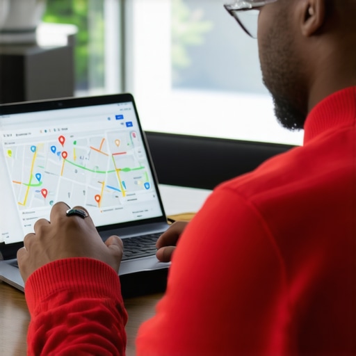Google Maps Audit Review Business owner analyzing Google Maps listing data on a laptop for ranking issues.