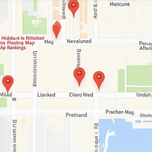 A digital map with various markers representing business locations and data insights, illustrating complex signals affecting rankings.