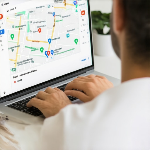 Person analyzing map listings with SEO tools on a computer in an office setting