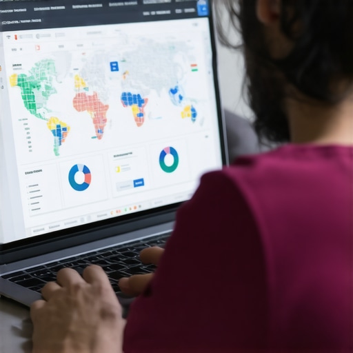 Person reviewing local SEO analytics on a laptop with charts and maps visible.