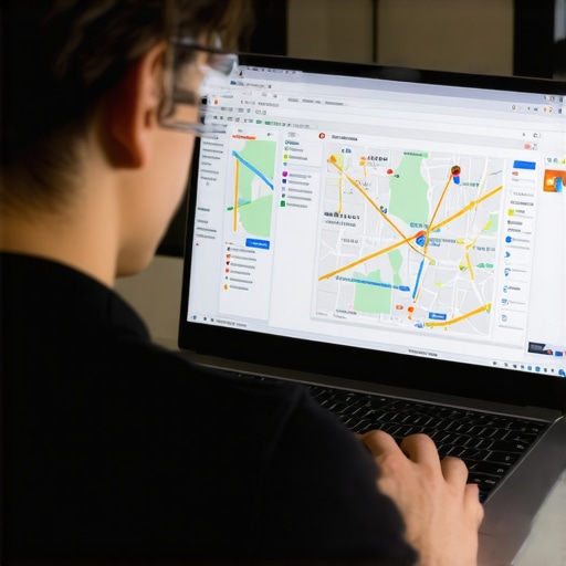 Person reviewing Google Maps ranking problems on a laptop with charts and maps.