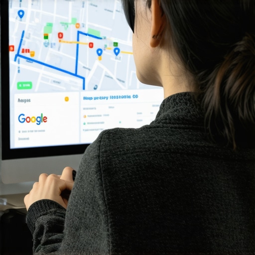 Business owner updating Google My Business profile on a computer, with SEO charts in the background.