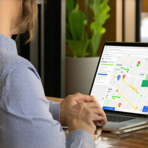Business owner analyzing Google Maps profile on a laptop for SEO fixes.