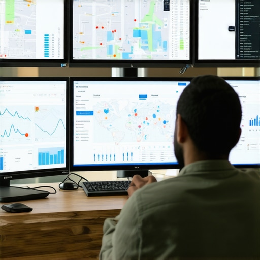 Person reviewing local SEO analytics on multiple screens with maps and data charts.