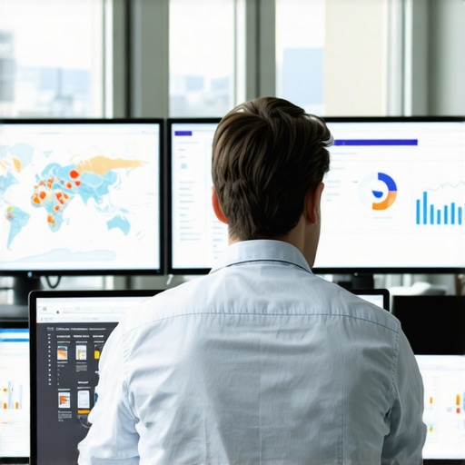 Person reviewing local SEO performance metrics with maps and charts in an office