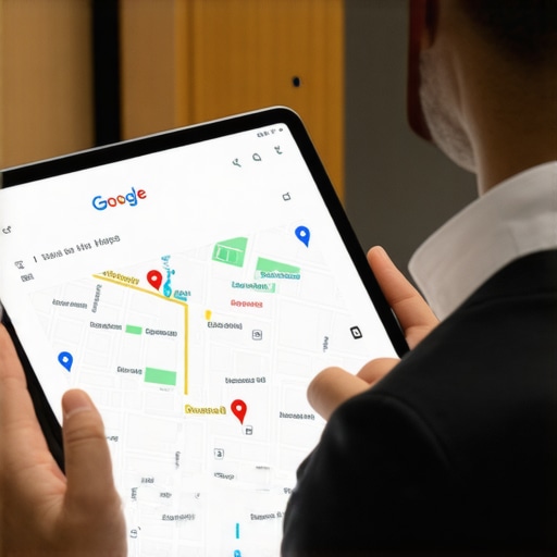 Person reviewing a Google Maps listing on a tablet, indicating local SEO audit process.
