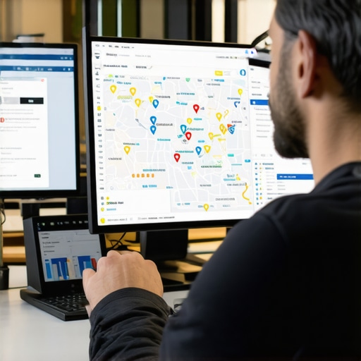 A photo of a person analyzing map data and signals on a computer monitor.