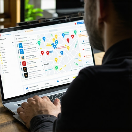 Digital marketer reviewing local search rankings on a laptop