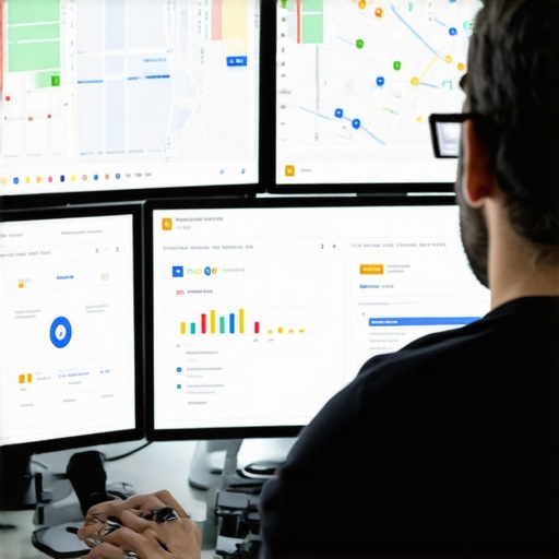 A digital marketer examining Google Maps ranking metrics on computer screens