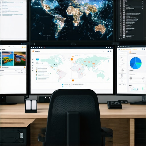 A workspace with dual monitors showing SEO dashboards and Google Maps analytics.