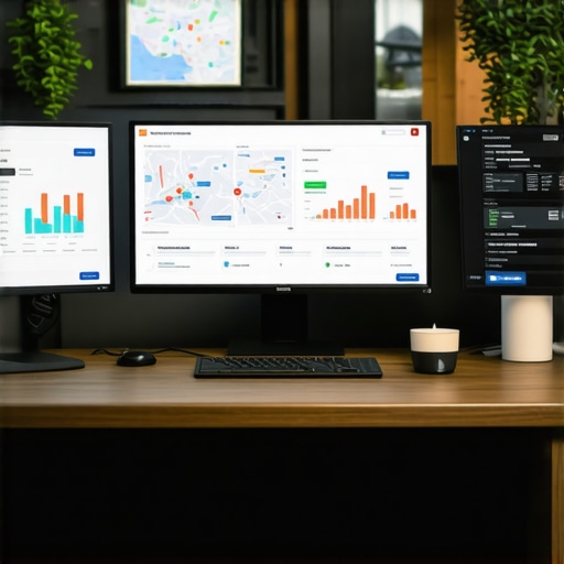 A workspace demonstrating various SEO tools on computer monitors for local map ranking analysis