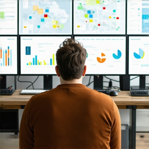 A person working at a desk with multiple monitors displaying maps, analytics, and SEO tools